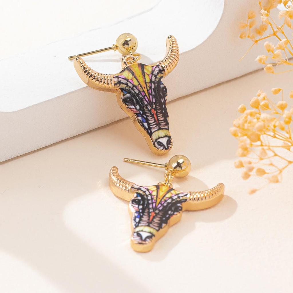 Trendy Bull Head Alloy Earrings: Women's Cross-Border Print Dangle Jewelry