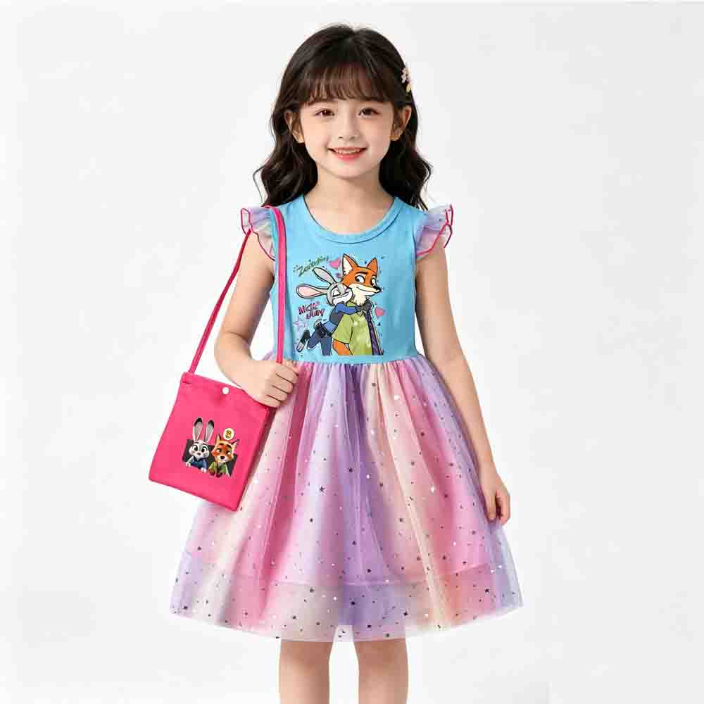 Kids Zootopia 2 Nick Judy Printing Princess Rainbow Mesh Dress 100cm