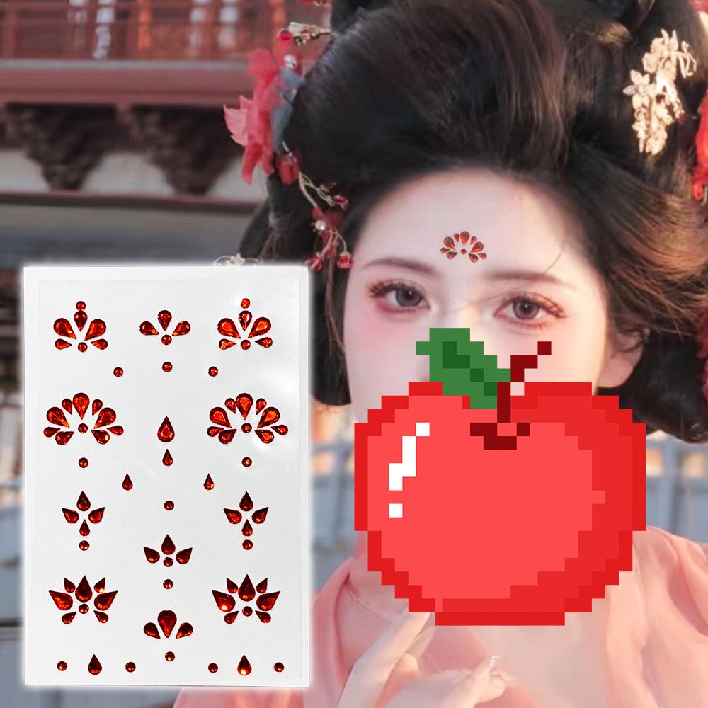 Diadema Rosso con Strass sulla Fronte e Adesivi Decorativi per il Viso in Stile Antico per il Trucco Hanfu