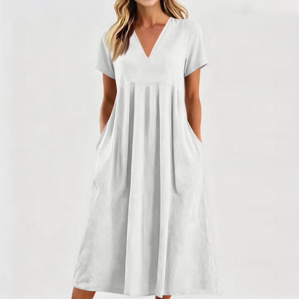Robe midi décontractée confortable en tissu léger pour femme, col en V, manches courtes, coupe ample, avec poches, robe d'été