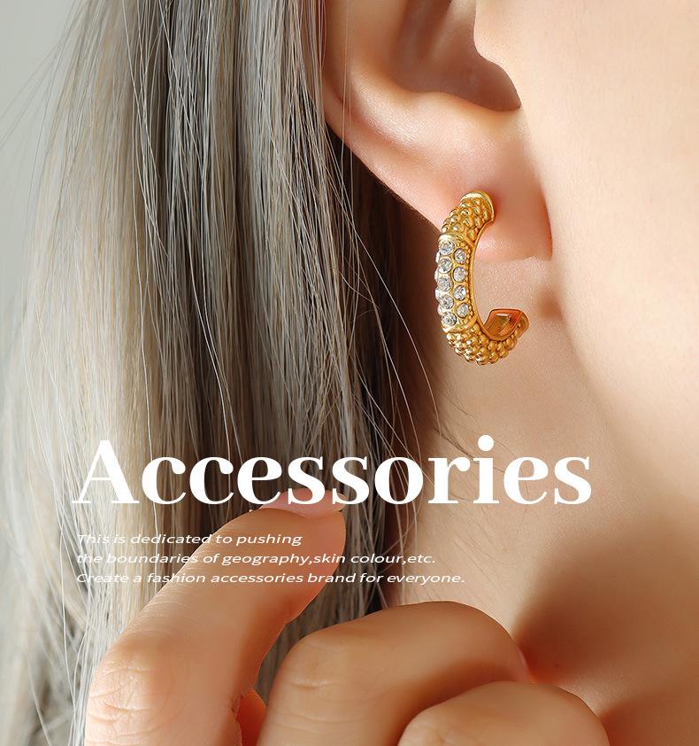 18K Gold Plated Zirconia C-shaped Earrings - European & American Design, Non-fading Titanium Steel Studs