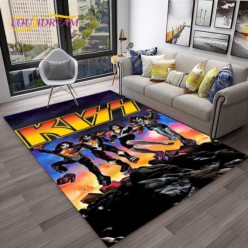 Retro Koberec KISS Rocková Kapela pro Domácí Obývací Pokoj Ložnici Hernu Pohovku Kuchyňskou Rohožku Dekor, Dětský Koberec Protiskluzová Podložka na Podlahu