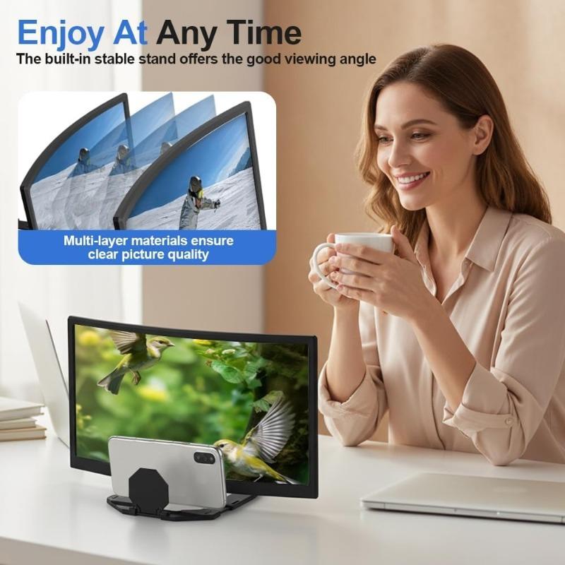 12 Inch 3D Phone Screen Magnifier Stand - Ultra HD Anti Glare & Blue Light Filter for Movies,Portable Personal Cinema Experience