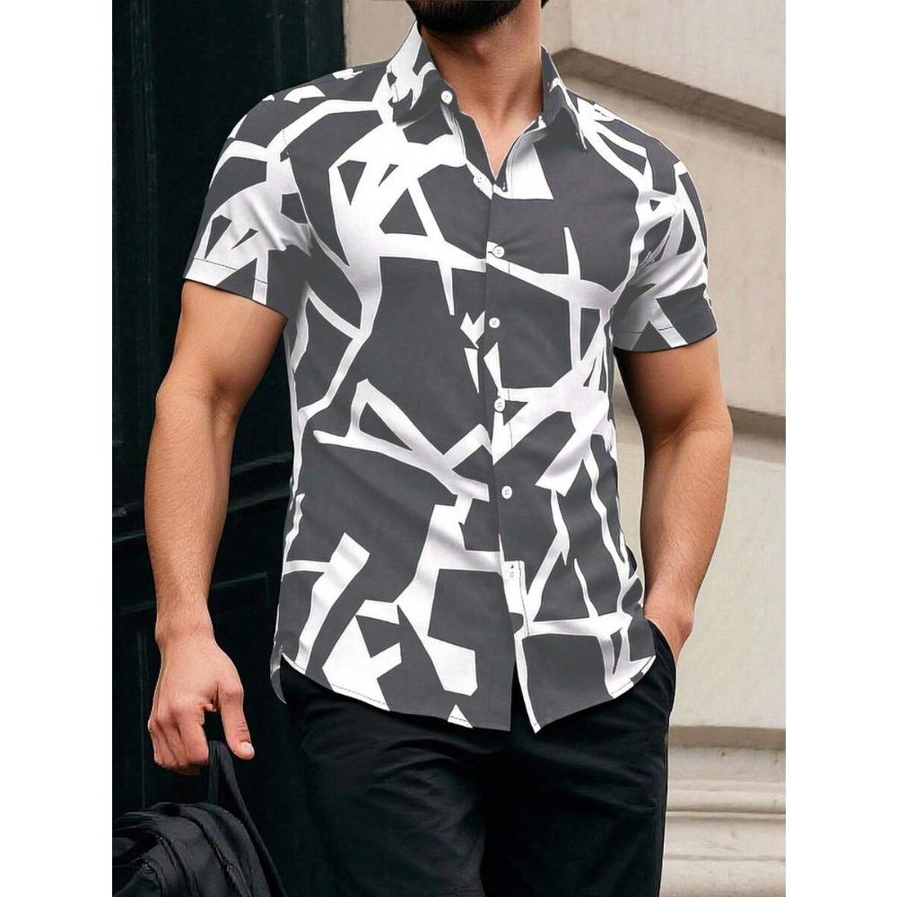Spring Summer Men Spell Color Short Sleeve Shirt Men Casual 3D Digital Print Simple Style Shirt Tops 100% Polyester