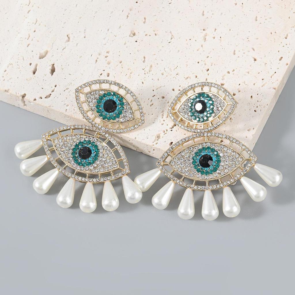 Retro European & American Fashion Devil Eye Rhinestone Pearl Earrings
