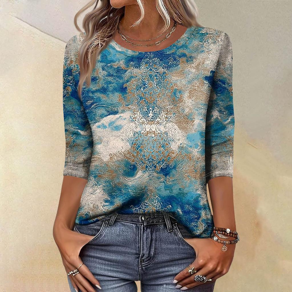 Trendy Vintage 3/4 Sleeve Top For Women,Ladies Casual Three Quarter Sleeve Round Collar Printed T-Shirt Blouse