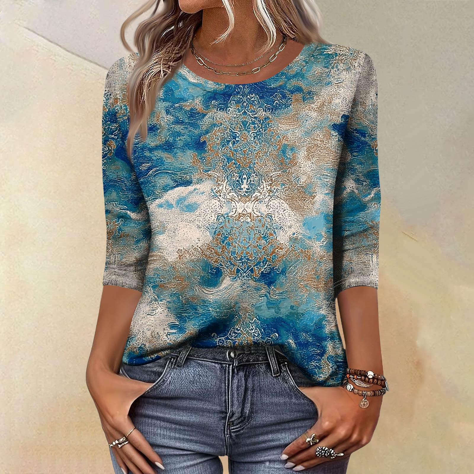 

Модный винтажный топ с рукавом три четверти для женщин, женская повседневная блузка-футболка с круглым вырезом и принтом XL небесно-голубой