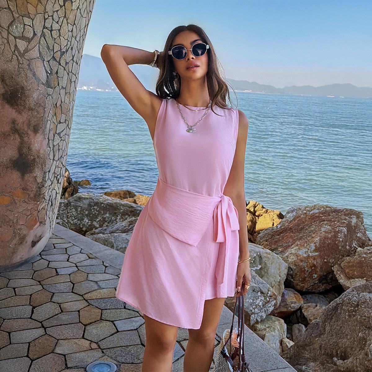 

European & American Casual Sleeveless Tie-up Dress - Women’s Spring/Summer 2026 Collection S розовый