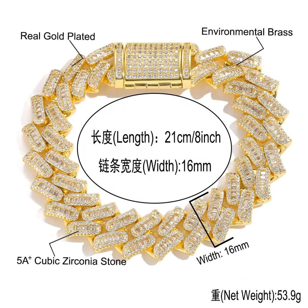 Fashion Hip Hop Jewelry 16mm Wide Iced Out Round and Baguette Zircon Strips Miami Cuban Link Chain Bracelet for Men