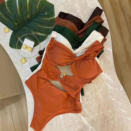Women One-Piece Swimsuit One Shoulder Padded Steel Support Metal Buckles Monokini Sexy S-Shaped Figure