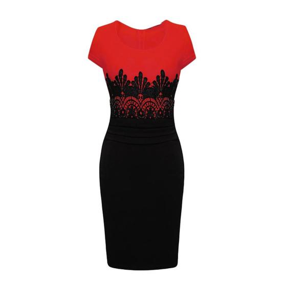 Women Sexy Short Sleeve Lace Patchwork Color Block Knee-length Bodycon Dress
