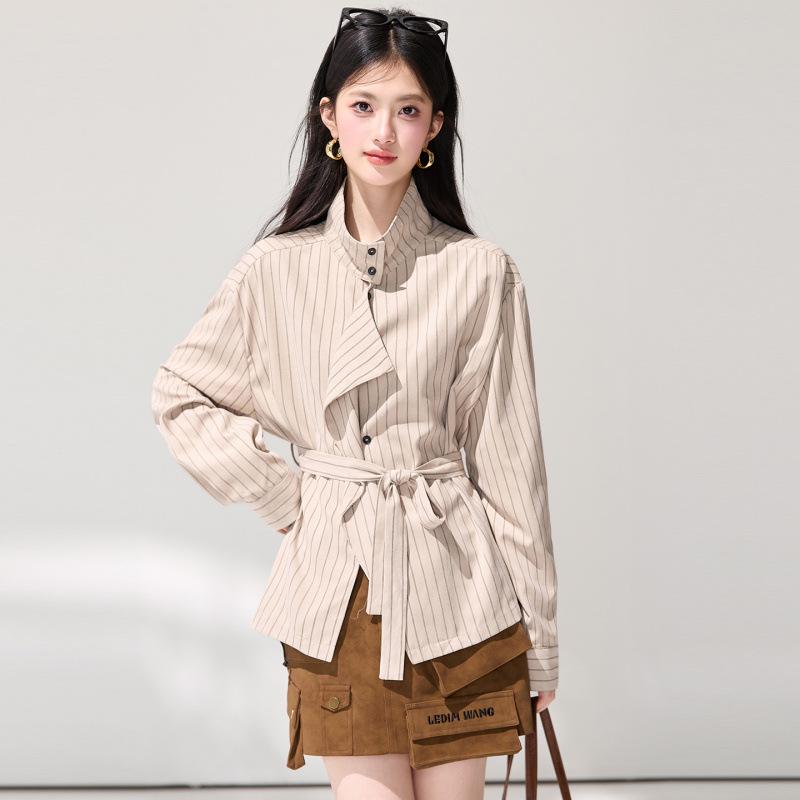 2026 Spring New Arrival: High-Intelligence Versatile Striped Lace-Up Shirt in Old Money Style