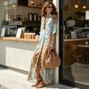 Women's Boho Printed Shirt 46085 Sleeve Maxi Dress Button