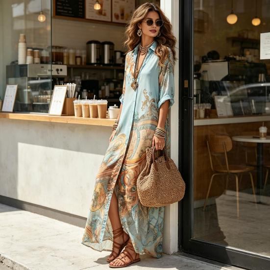 Women's Boho Printed Shirt 46085 Sleeve Maxi Dress Button