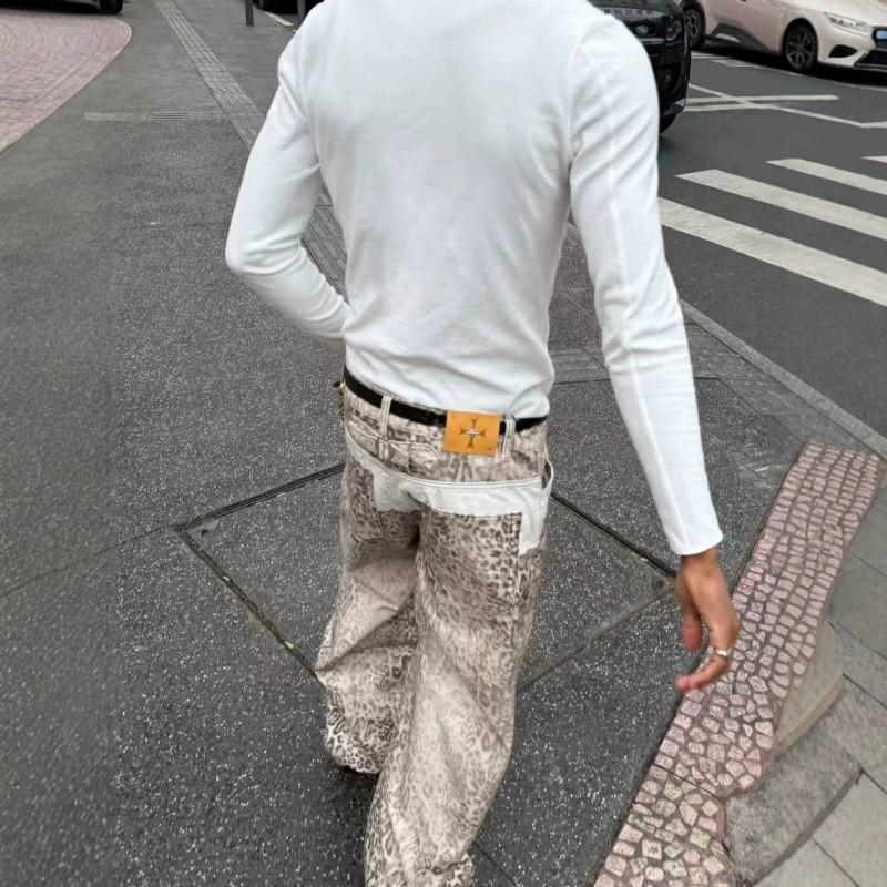 Mens Baggy Jeans Leopard Print Patchwork Relaxed Straight Leg Vintage Casual Pants