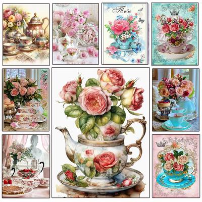 Diamant-Stickerei-Mosaik Teetasse Teekanne Rose Home Decor Volle quadratische/runde Diamant-Malerei Wandaufkleber Home Dekoration Geschenk