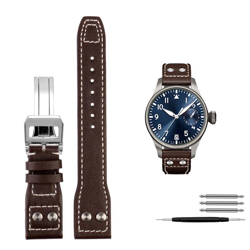 Für IWC Big Pilot Mark 18 Spitfire Braun blau Rindsleder Faltschließe Uhrenarmband Herren Echtes Leder Nieten Armband 21 22mm