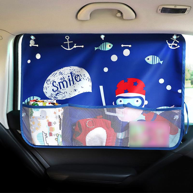 Lovely Car Curtain with Storage Net Pocket for Baby Window Sunshade Cover Kids Sunscreen Thermal Insulation Protection