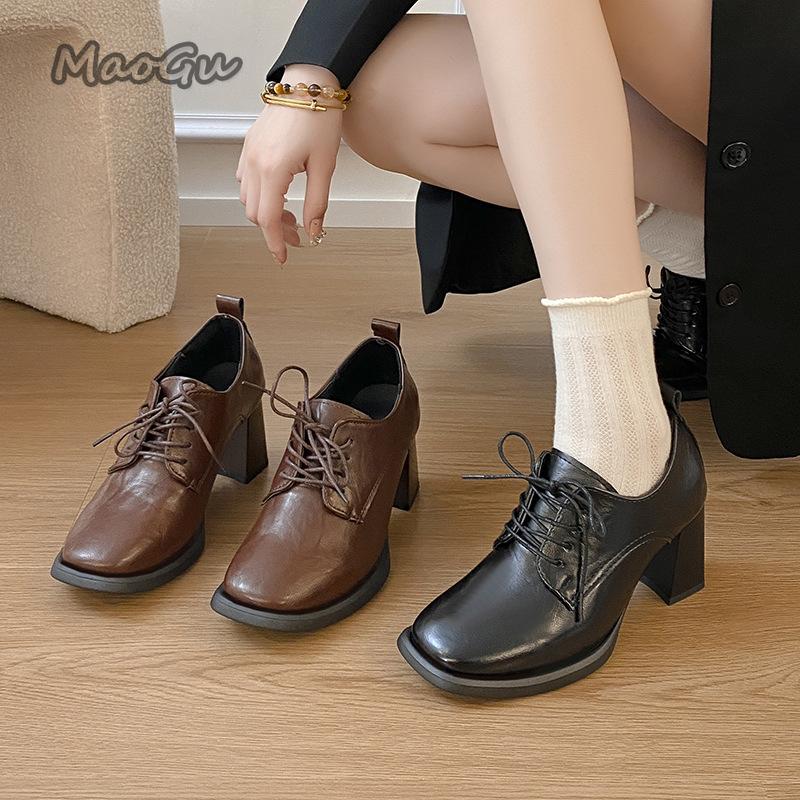 Fashion Soft Leather Retro Lace Up Single Shoes for Women 2025 Spring Autumn Square Toe Pumps French Thick High Heels for Women Footwear