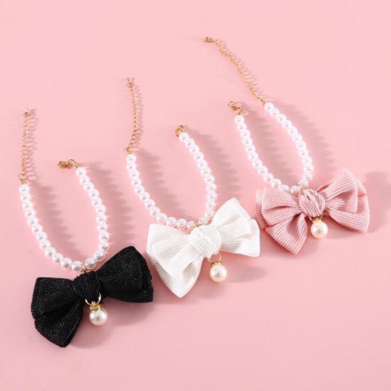 Pet Necklace Elegant Adjustable Cat Dog Collar with Faux Pearl Bow Cute Pet Neck Circle Pet Accessory