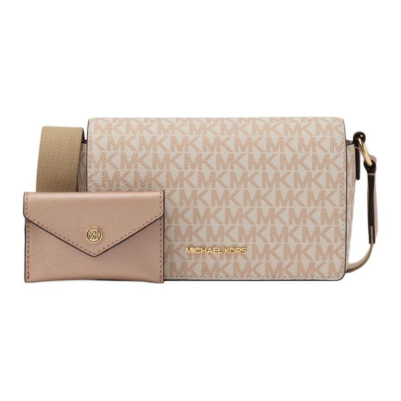 MICHAEL KORS VINCENT logo printed logo magnetic buckle closure coated canvas shoulder crossbody bag small size women s light gold золотой