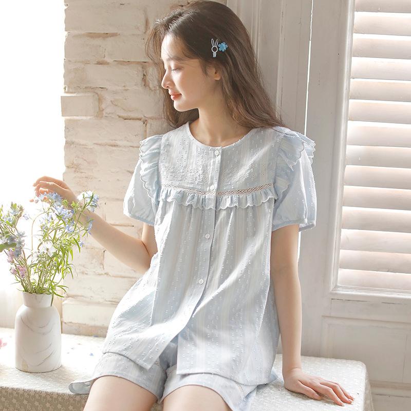 Spring and summer new women's cotton yarn French sweet pure cotton girl short-sleeved shorts loungewear set 19