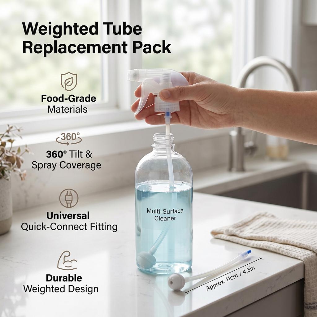 3 Pcs Universal Fit 360° Weighted Tube Replacement Tilted Spray Bottle Adapter for Triggers Pump Sprayers 4.3 Inch Tube with Weighted Ball