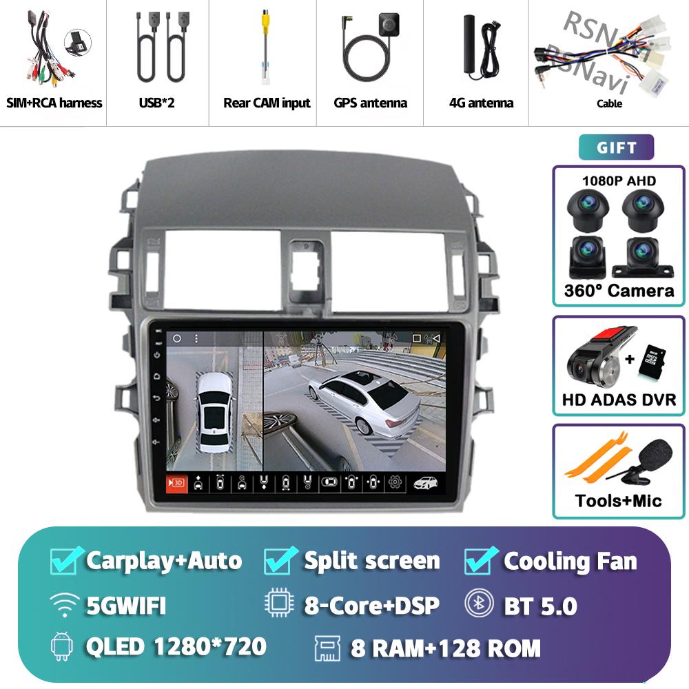Android 14 Carplay Auto For Toyota Corolla 2006 - 2013 Car Radio 4G+WIFI Player Multimedia Stereo 360 Camera Navigation Video BT