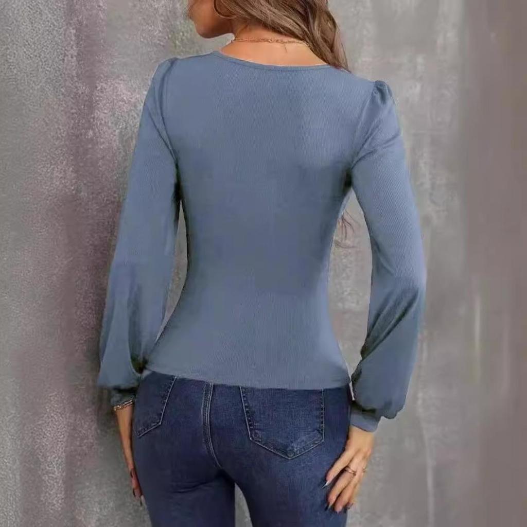 New Women's Slim Fit Knitted Sweater with Low Neckline, Lantern Sleeves for Autumn JOOM