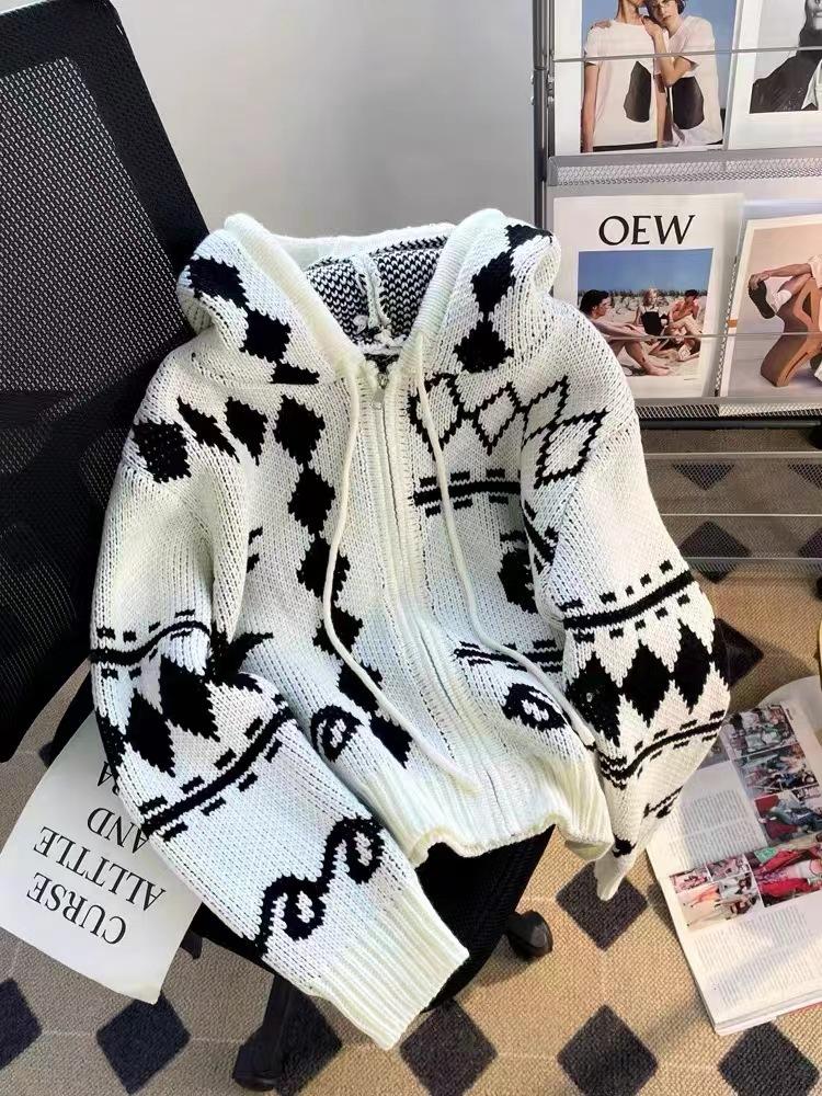 

Autumn and winter retro jacquard contrasting color hooded sweater jacket women s lazy style loose zipper knitted cardigan thickened one size fits all белый