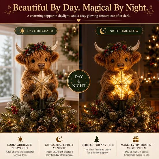 Charmantes Weihnachtsgeschenk Hochlandkuh Leuchtender Stern Baumspitze, Beleuchtete Dekoration mit Festlichen Innen-Weihnachtsdekorationen Warmes LED, Batterie