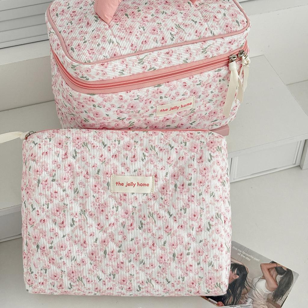 Vintage Pink Floral Women's Cosmetic Bag Large Capacity Toiletry Makeup Storage Pouch Handbag Ladies Zipper Quilted Clutch Bag