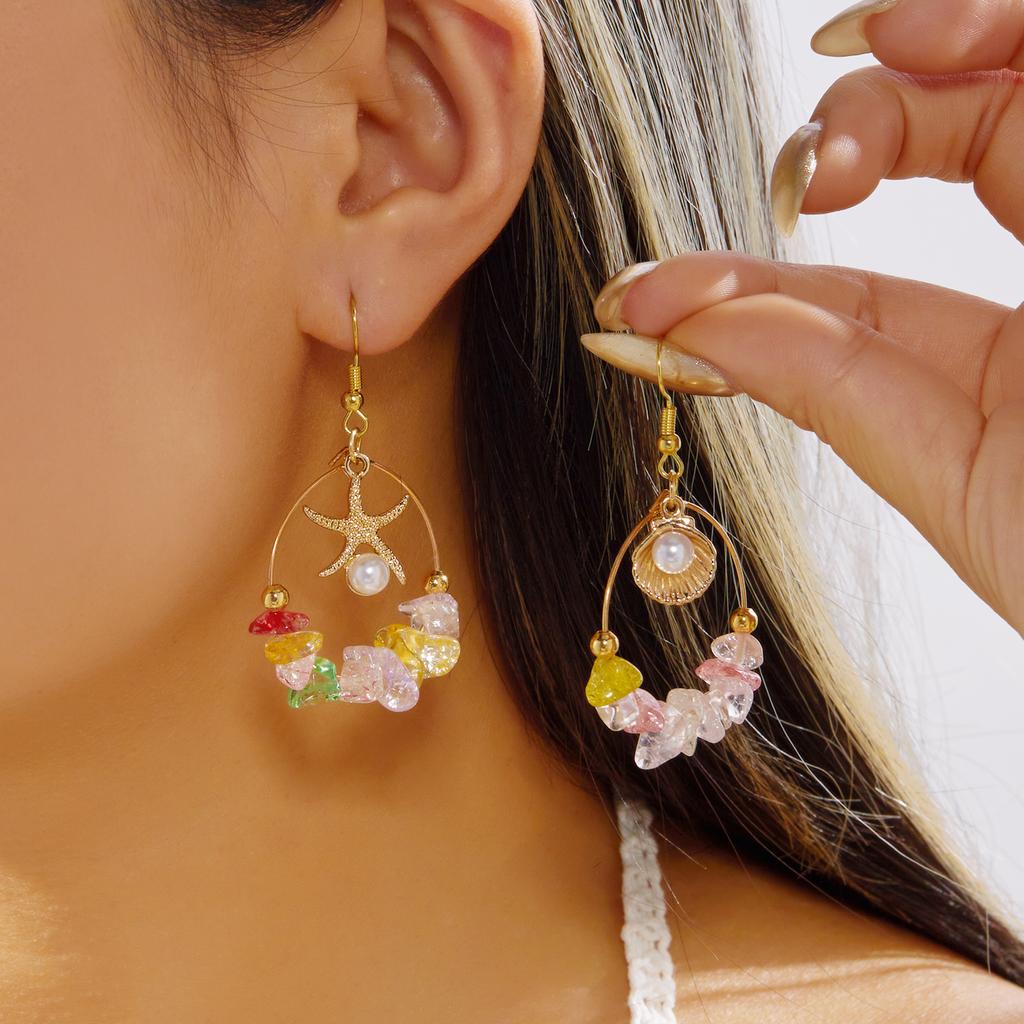 Vintage Asymmetrical Starfish Shell Pendant Earrings For Women Bohemian Irregular Stone Dripping Oil Metal Earring Beach Jewelry