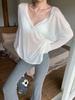Tencel V-neck Ribbed Sheer Long Sleeve Loose Sun Protection Women's Top