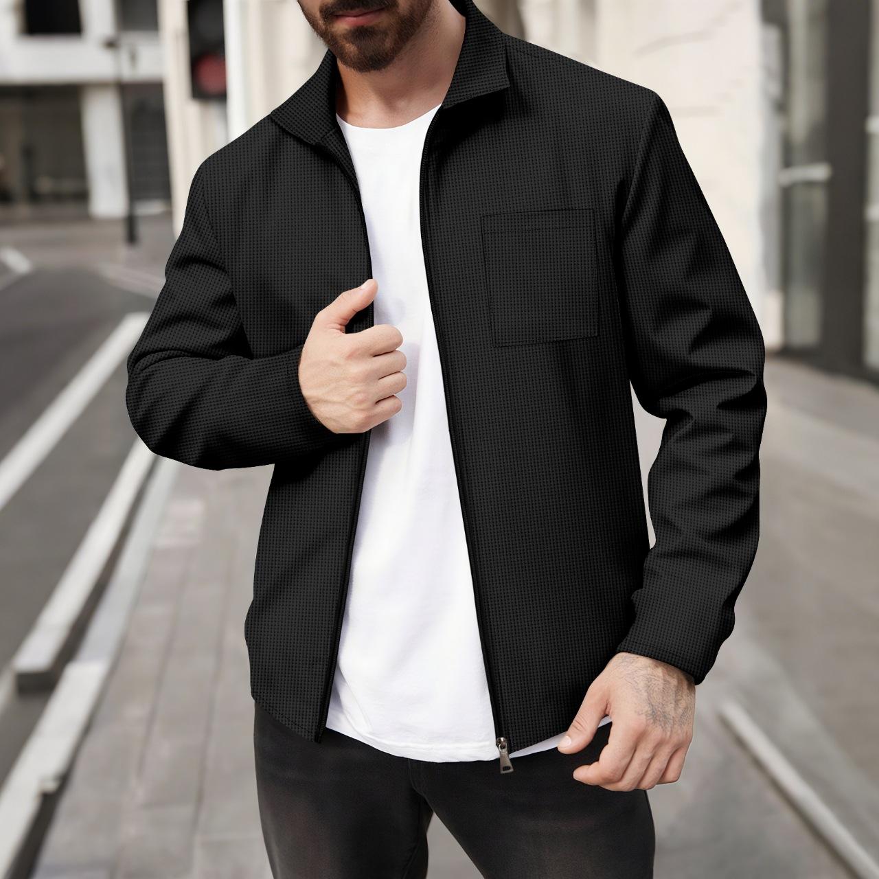 Mens Autumn Winter Waffle Pocket Lapel Slim Fit Zip Jacket S