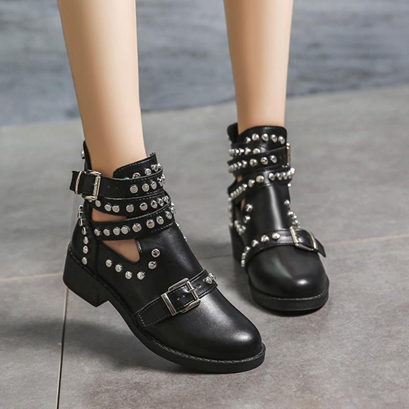 Fashion Punk Rivet Decoration Hollow Out Ankle Boots Women 2025 Autumn Y2K Metal Belt Buckle Medium Heel Boots Sexy Solid Black Booties