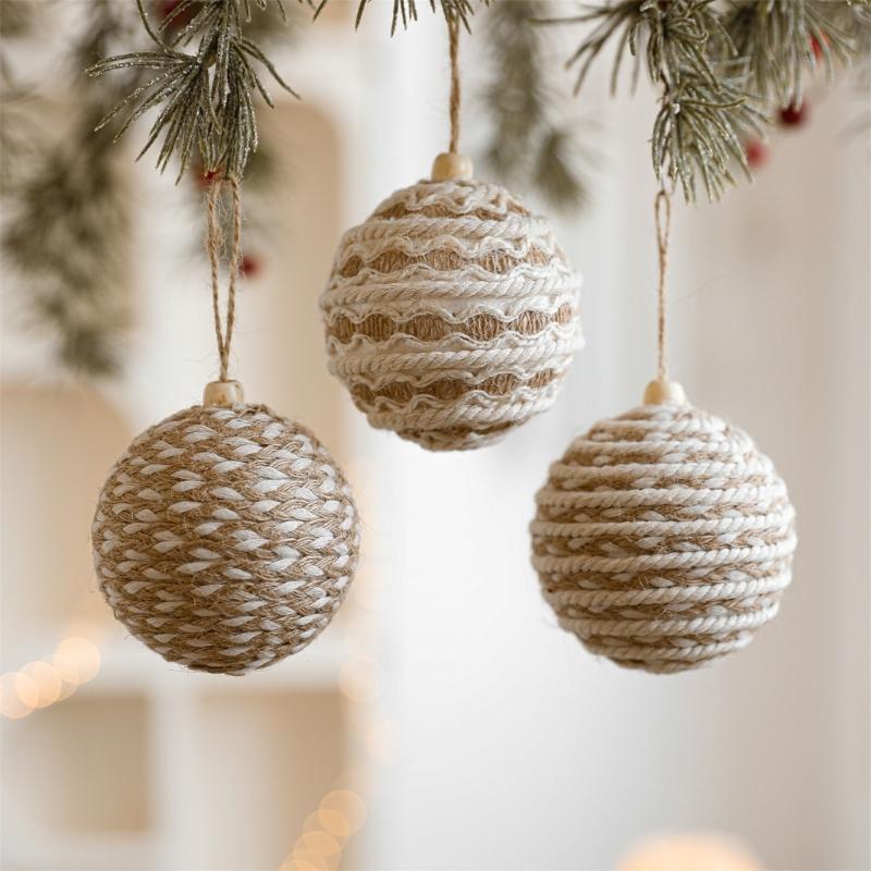 Christmas Tree Decoration Natural Fiber Twine Braided Foam Ball Holiday Hanging Ornament For Mantels Window Wall Display