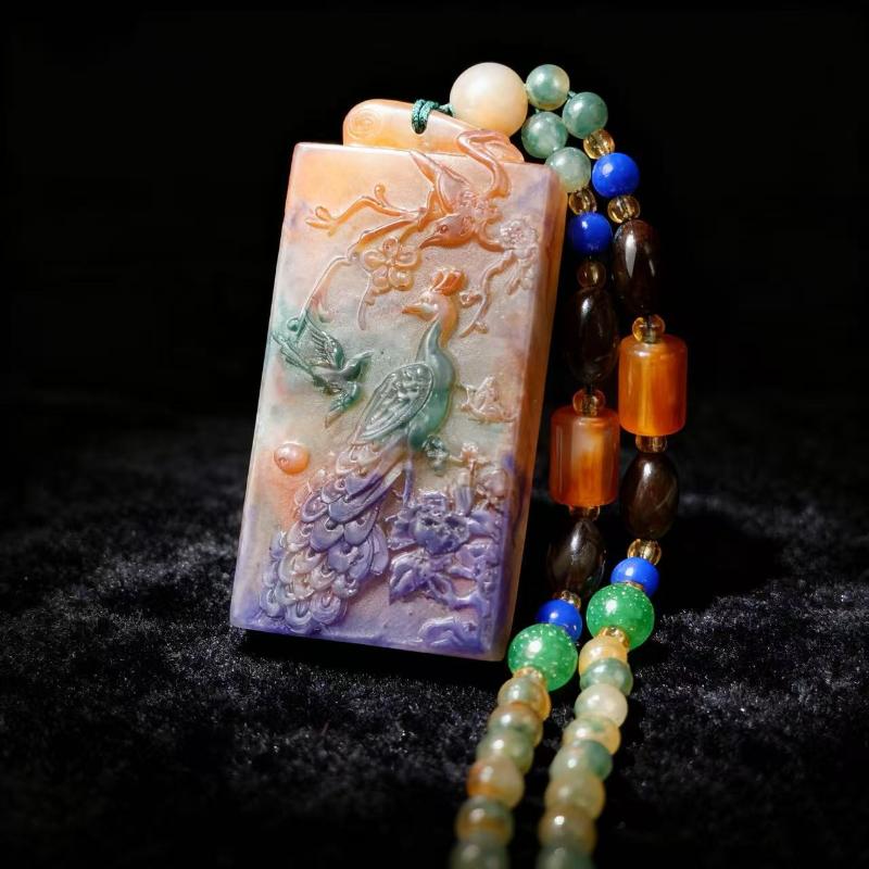 Versatile Rainbow Spotted Stone Carved Necklace Pendant Fortune Dragon Plaque Sweater Chain Fashion Jewelry Mother'S Day Gift