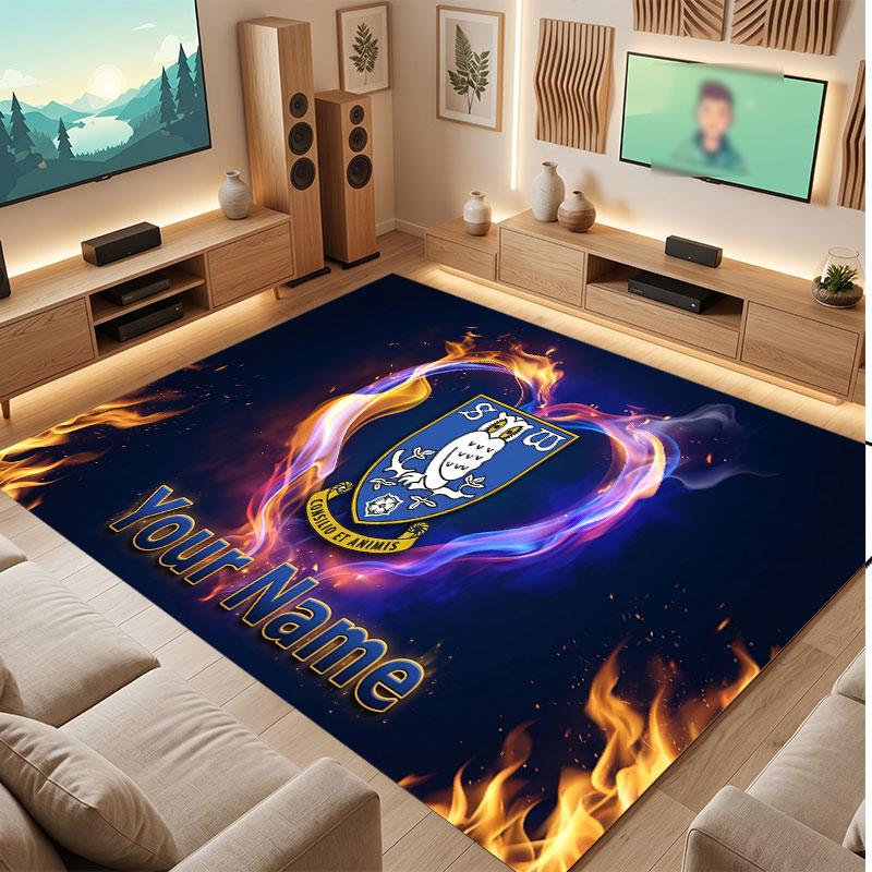 Sheffield Wednesday FC Custom Crystal Velvet Rug, Personalized Name Text Print, Football Logo Soft Non‑Slip Floor Mat Home Decor Gift
