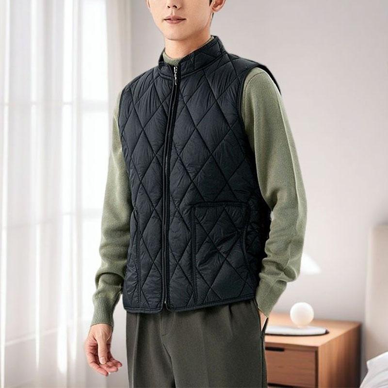 Høst Vinter Ny Herre Tynn Dun Bomullsjakke Vester Ståkrage Ensfarget Glidelåslommer Mote Casual Løs Ermeløs Cardigan Topp