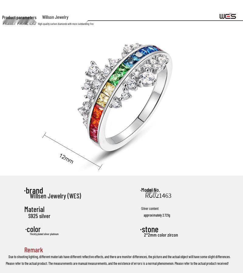 S925 Silver Rainbow Zircon Ring with Colorful Gemstones, European and American Style