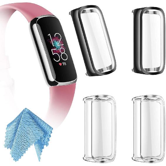 Fintie 4 Pack Screen Protector Case Compatible with Fitbit Luxe, Soft TPU Full Protective Screen Cover Saver Bumper, 2 Black, 2 Clear