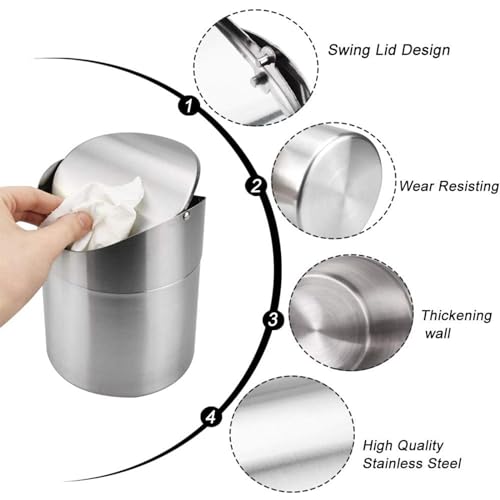 Mini-Mülleimer mit Deckel Gebürsteter Edelstahl Kleiner Tischmülleimer 12x16,5cm für Schreibtisch Auto Büro Badezimmer Küche