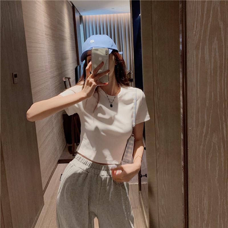 

Летняя новая женская футболка с короткими рукавами, высокой талией, пуповиной, обнаженной женской футболкой с короткими рукавами, модные тонкие топы с полурукавами