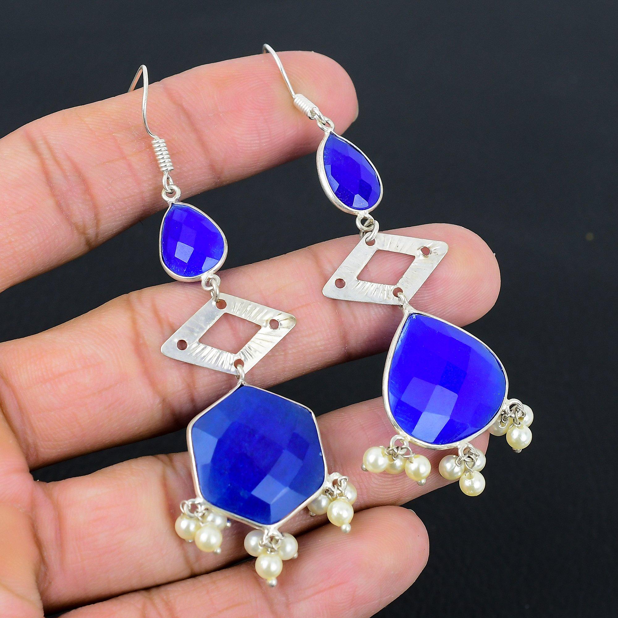 

Halloween Sale 925 Silver Hexagon Blue Sapphire Stone Dangling Earrings Jewelry