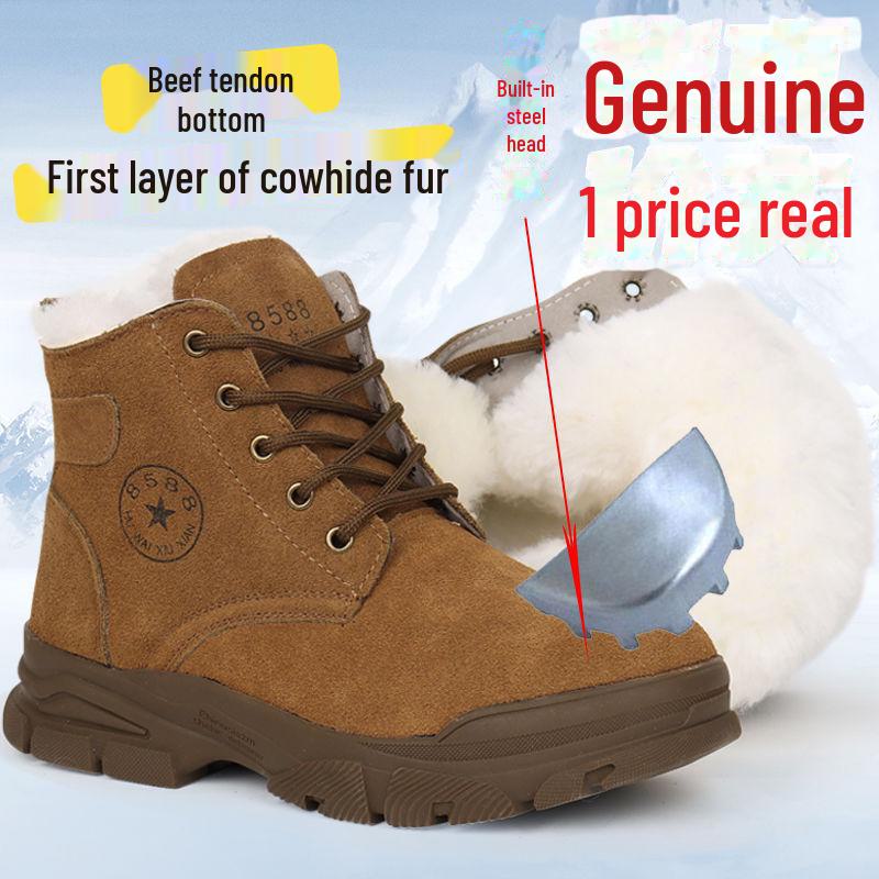 Men's Thick Fur-Lined Cowhide Winter Snow Boots with Steel Toe