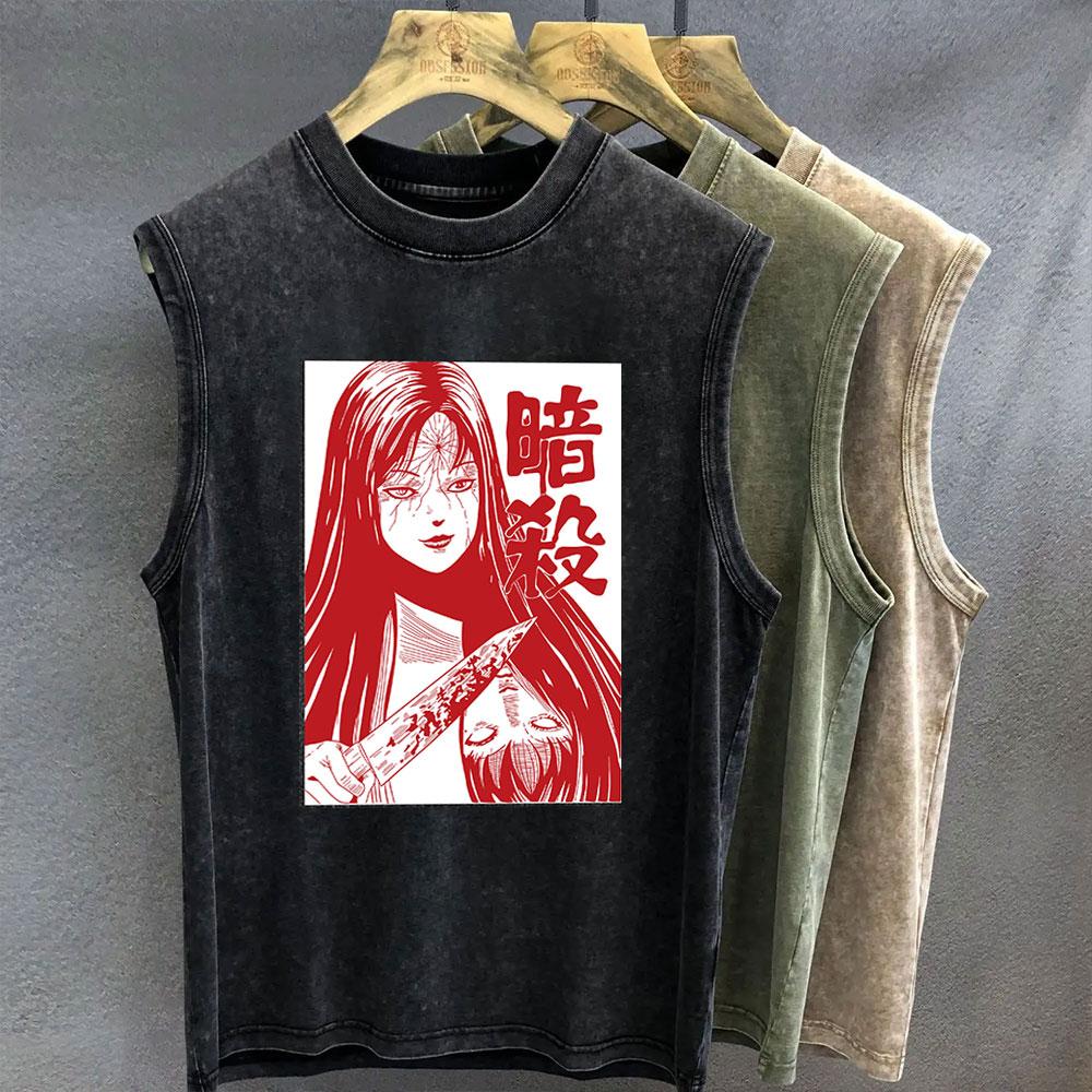 

Мужская майка с графическим принтом, футболка с принтом Дзюндзи Ито, оверсайз, одежда для спортзала, винтажная стирка, безрукавная майка, женская панк-одежда Y2k 3XL