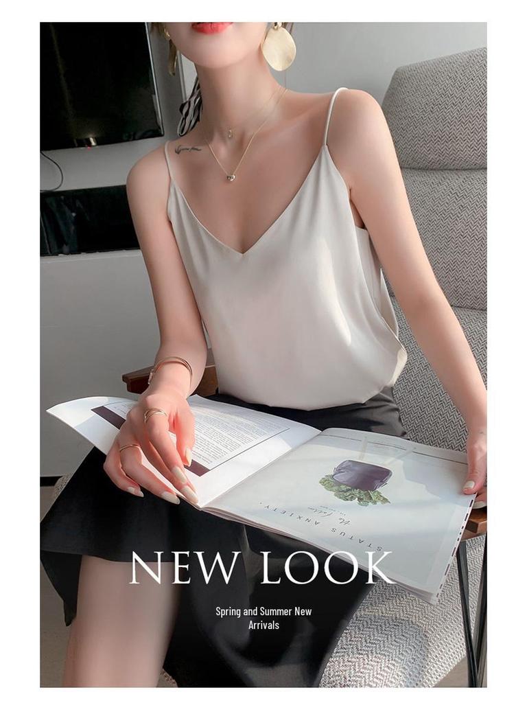 Damen Einseitiges V-Ausschnitt Seidensatin Camisole - Innen- und Außenbekleidung