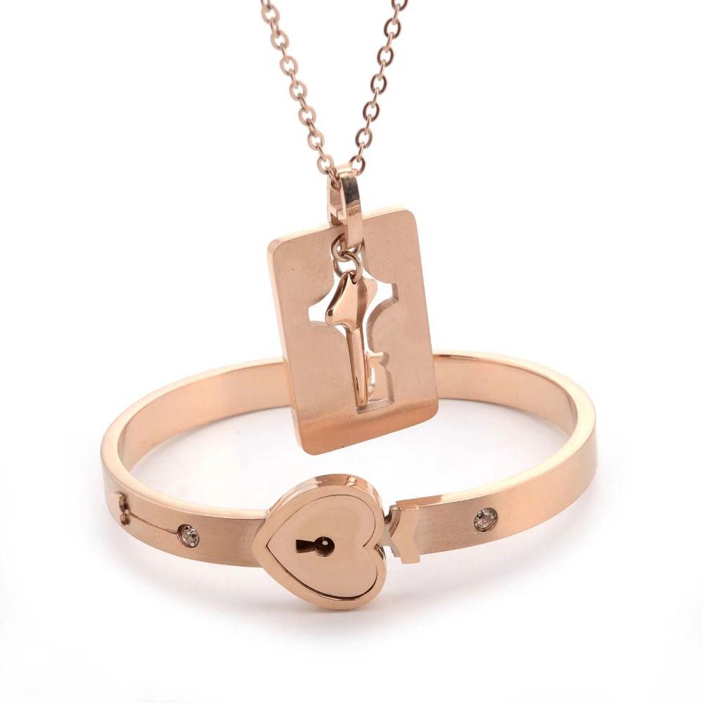 Stainless Steel Heart Lock Bracelets Gold Silver Key Pendant Necklace  Jewelry Gift