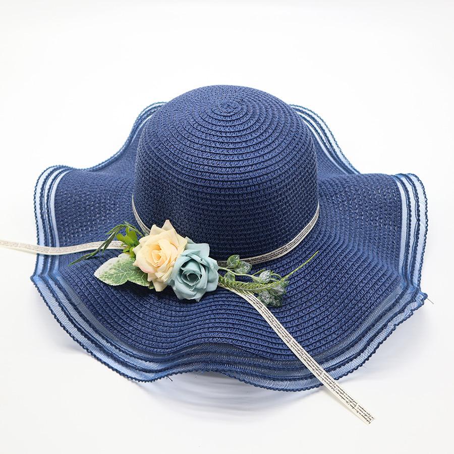 New Grass Hat Women's Summer Big Edge Sunshade Beach Hat Foldable Luxury Flower Sun Hat Big Brim
